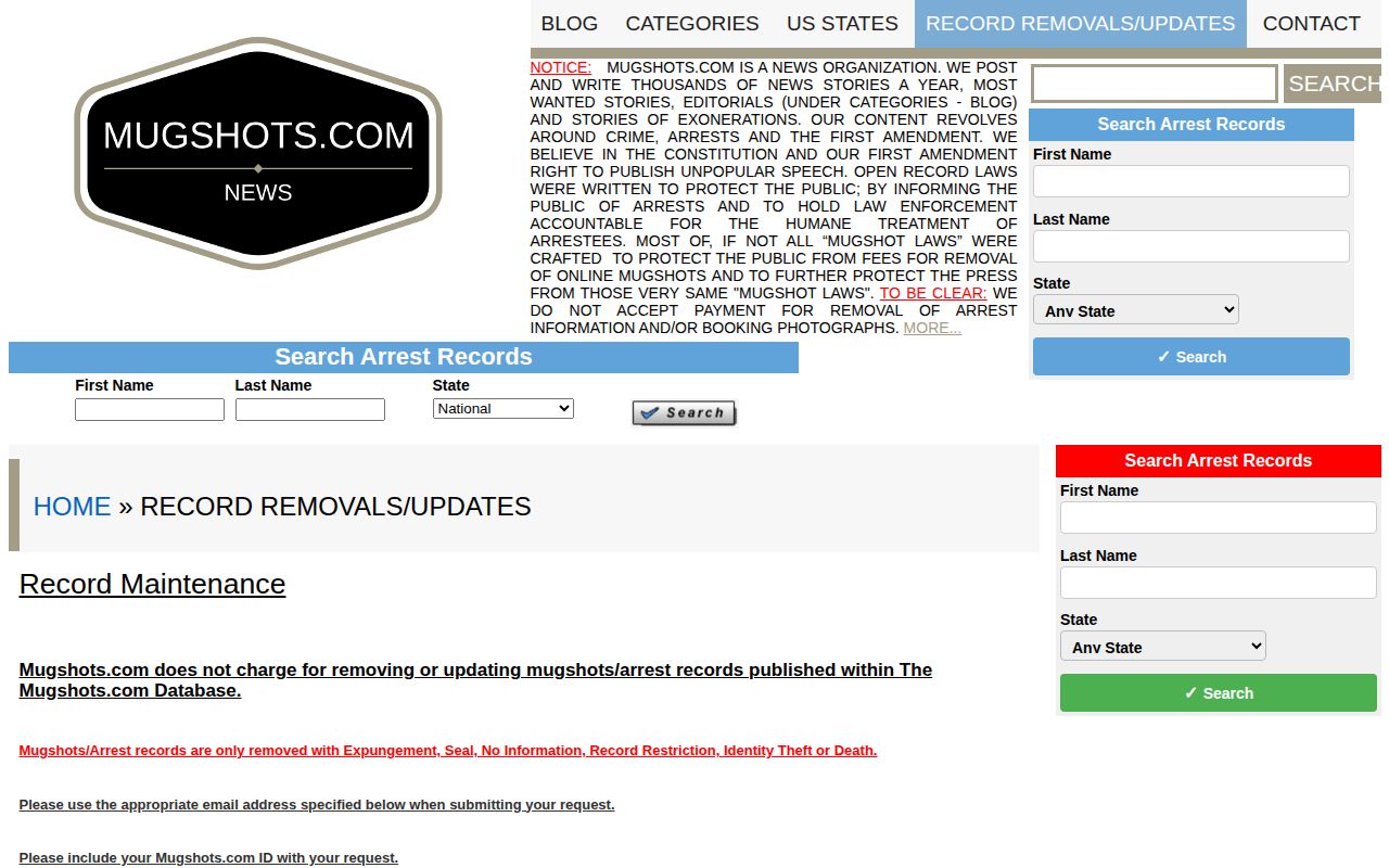 Florida Mugshots.com policy distinguishing free removal from a disposition update