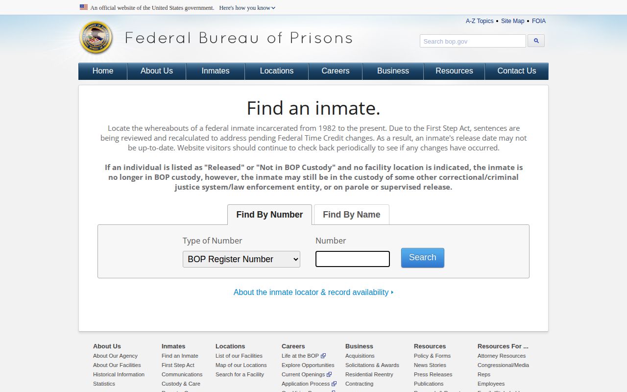 Federal Bureau of Prisons locator search fields without booking-photo results