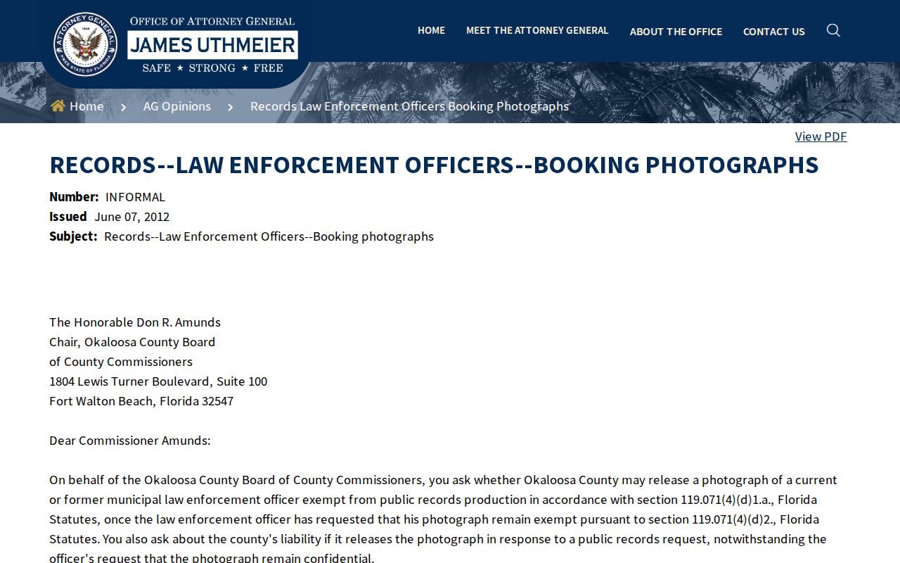 Florida booking photograph public-record opinion and exemption guidance