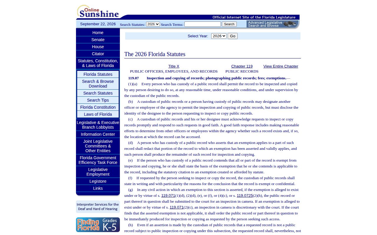 Florida public-records statute on inspection, prompt response, and redactions