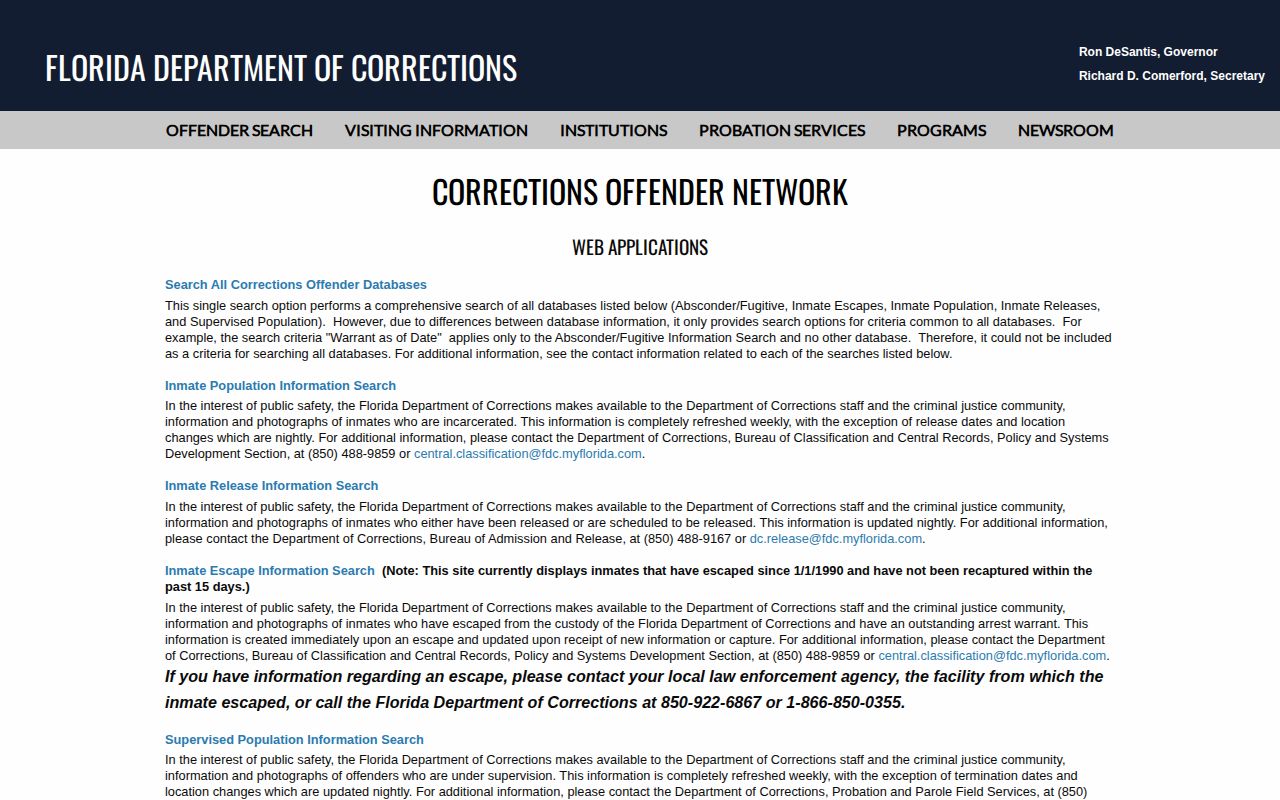 Florida FDC offender search menu for inmate, release, escape, and absconder records