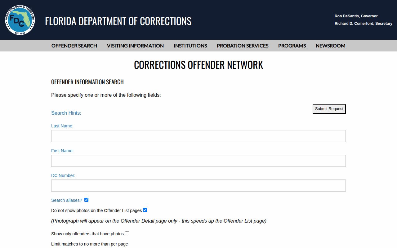 Florida FDC offender search fields for name and DC number