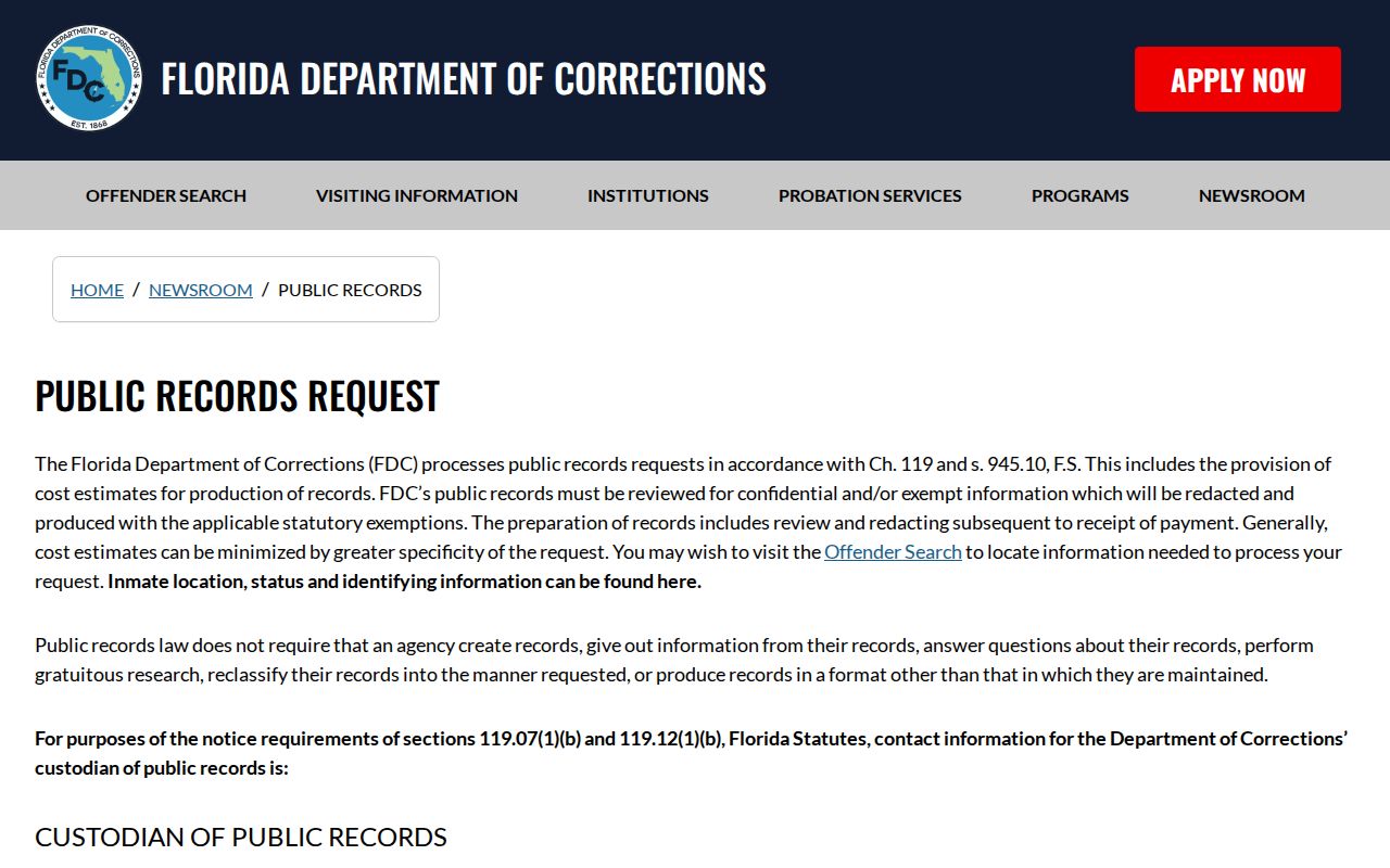 Florida Department of Corrections public-records request page