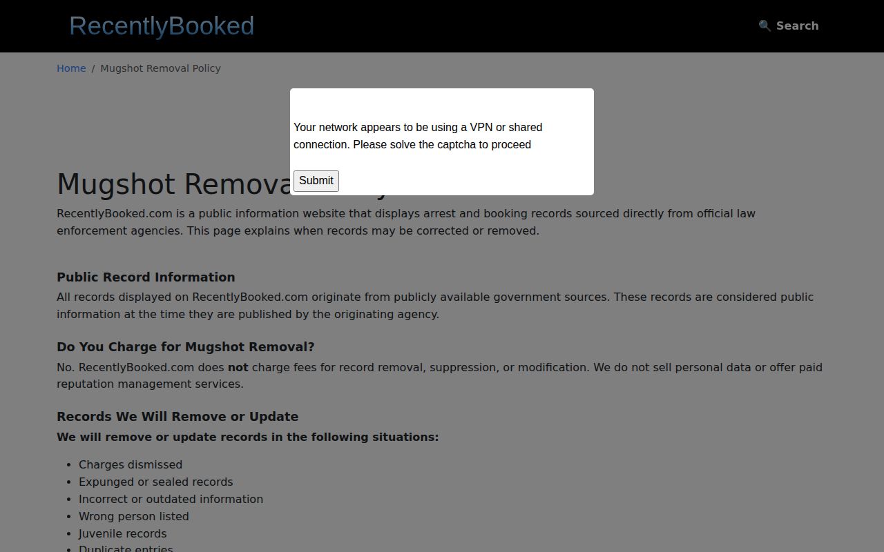 RecentlyBooked free Florida record correction and removal request fields