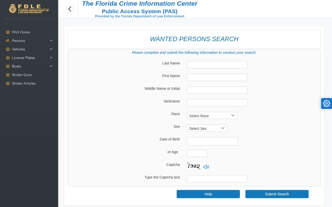Florida FDLE wanted-person search fields and reporting-agency route