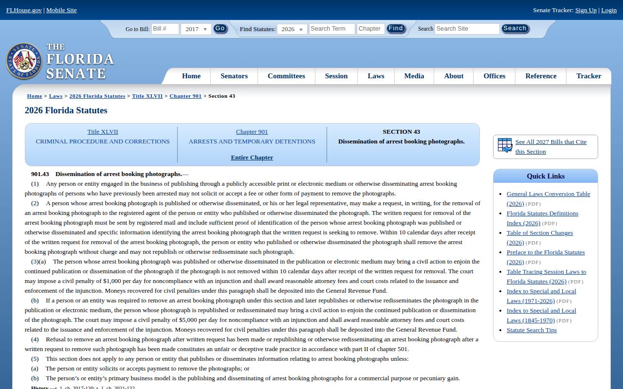 Florida Statutes section 901.43 booking photograph publication rules