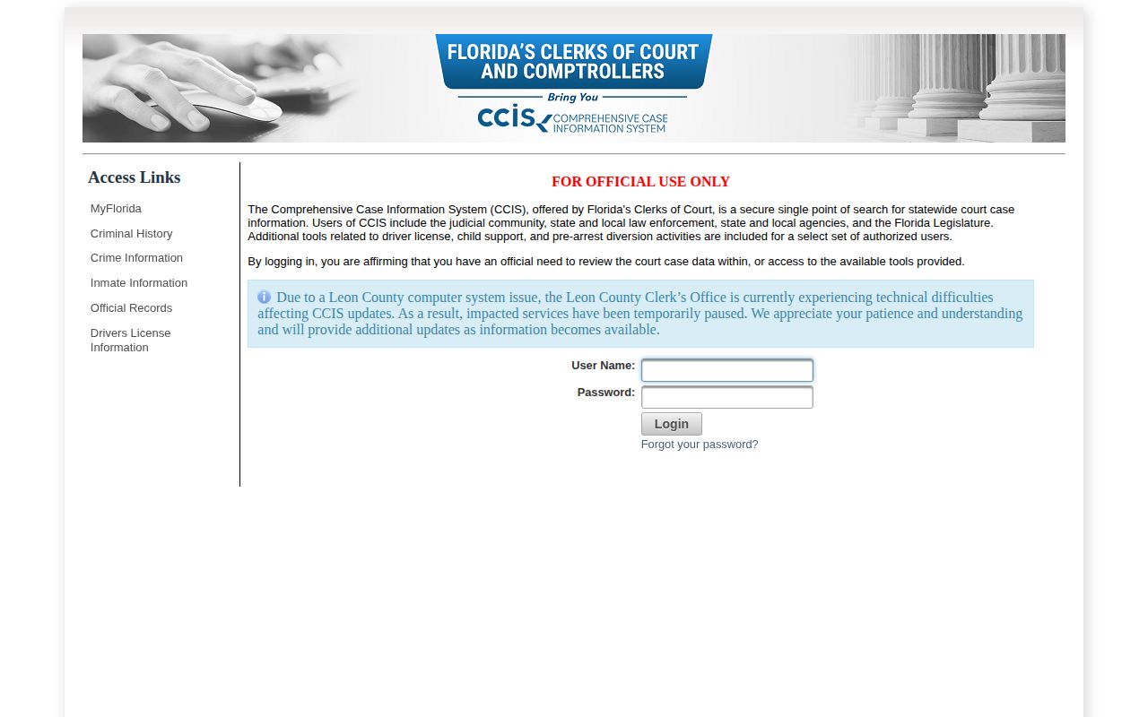 Florida Clerks CCIS official-use system notice